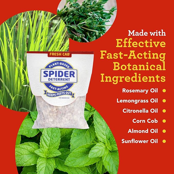 Fresh Cab Spiders Deterrent - Indoor Botanical Pest Deterrent - Safe for Kids & Pets When Used as Directed - Made with Rosemary Essential Oil - 4-Pack