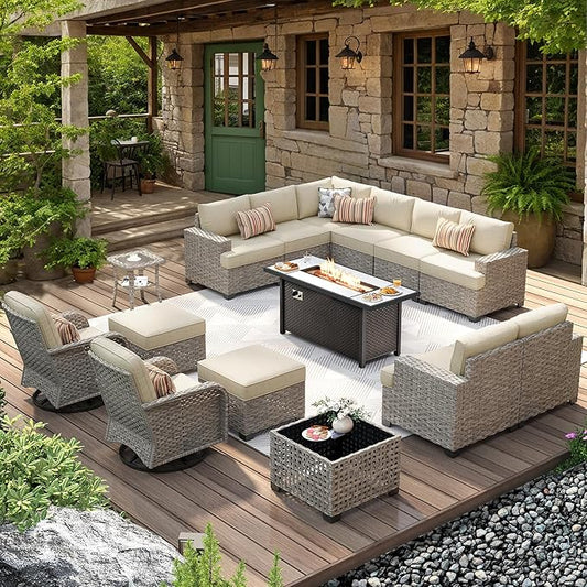 HOOOWOOO Outdoor Sectional Patio Furniture Set with Fire Pit Table,15 Pieces Wicker Conversation Sets L Shaped Couch,Extra Deep Out Door Sofa Outside Furniture with Swivel Chairs Ottomans,Beige