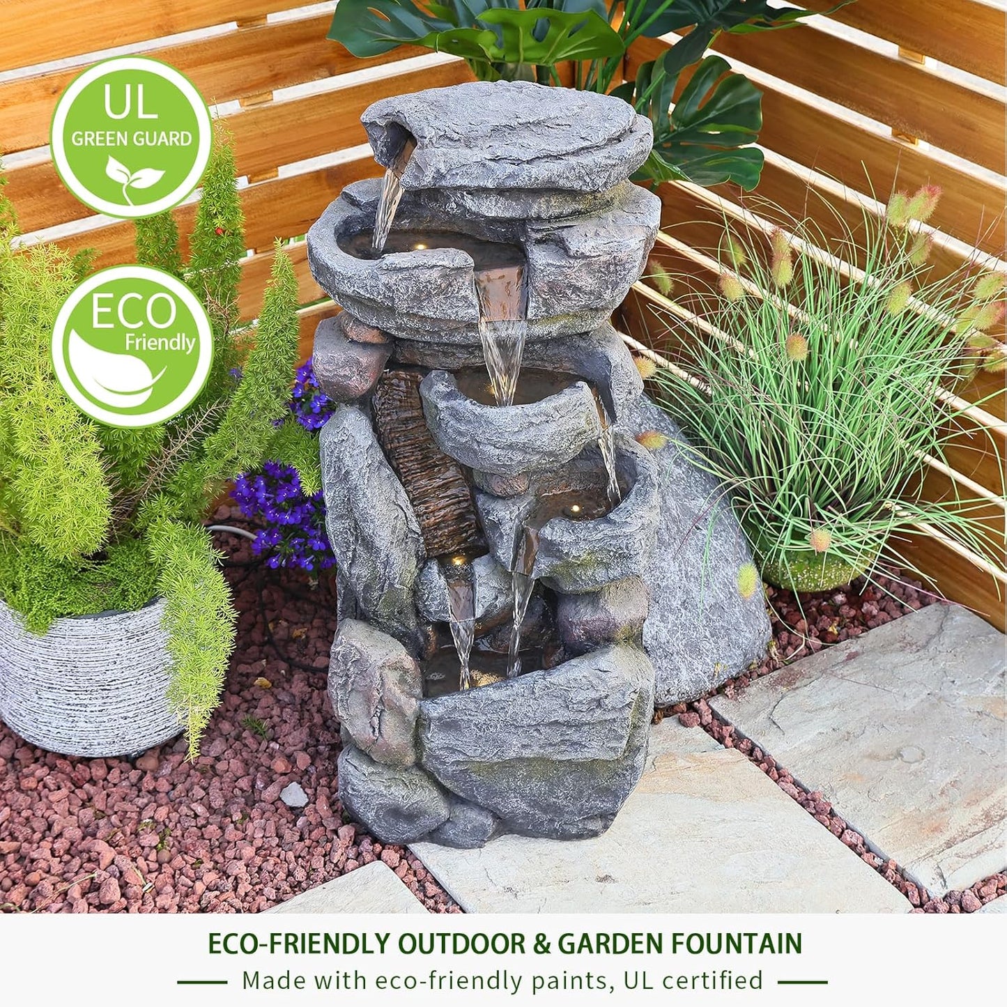 Water Features Outdoor Patio 6-Tier Cascading Rock Water Fountain 31.5''Water Fall Fountain Outside Resin Fountain with Light Mossy Rock Floor Garden Fountain Indoor for Relaxation Home Decor