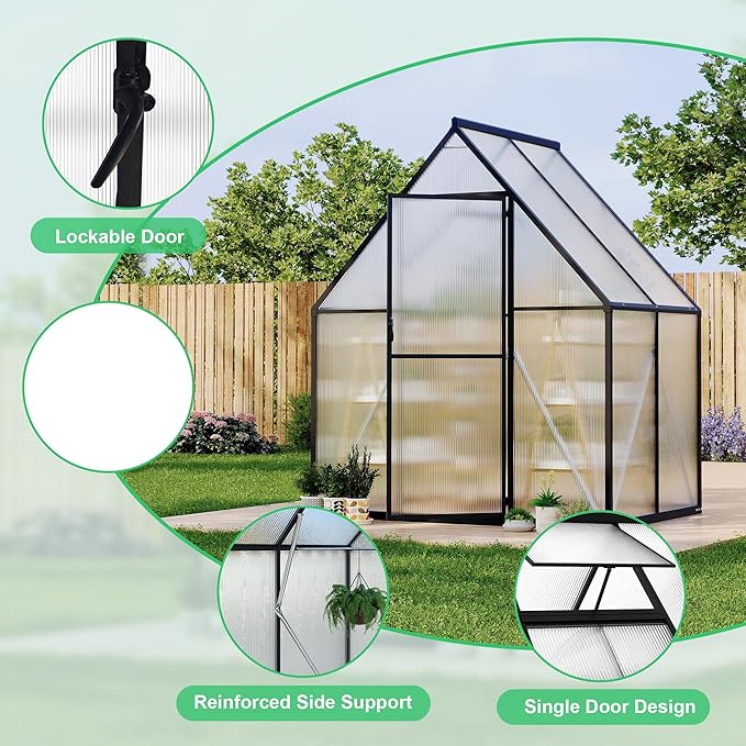 Aluminum Polycarbonate Greenhouse for Outdoors, Large Walk-InGreenhouse With Quick Setup Structure and Roof Vent, Greenhouse With Ventilation