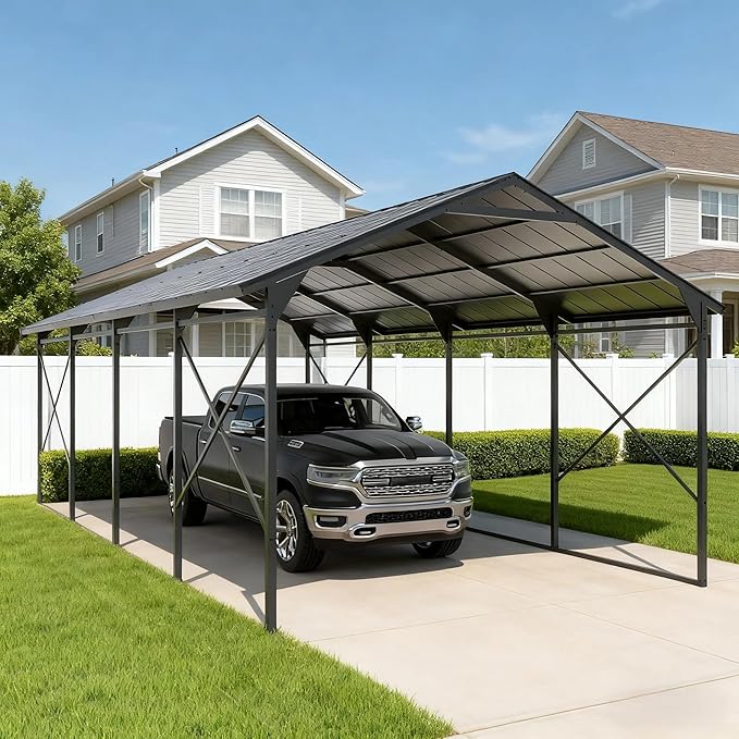 12X22FT Metal Carport Outdoor Carport Canopy Heavy Galvanized Garage Car Shelter with Enhanced Base and Roof, Duty Garage Shelter for Cars Boats Pickups Trucks