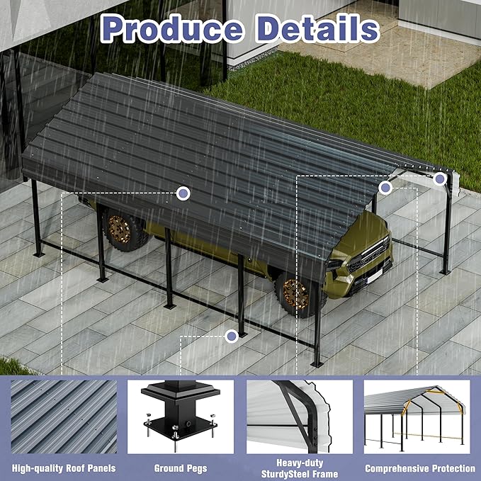 JY QAQA 12 x 20 FT Heavy Duty Metal Carport Canopy with Galvanized Steel Roof, Outdoor Car Tent Metal Garage Shelter for Car, SUV, Trucks and Boats