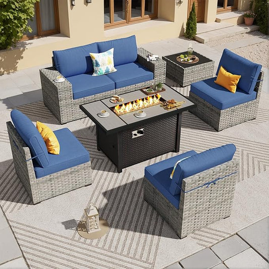 ovios 7 Pieces Patio Furniture Set, Outdoor Wicker Sectional Sofa with 42 Inch Fire Pit Table Comfy Cushions, Modern Modular Deep Seat Rattan Couch Conversation Set, Navy Blue