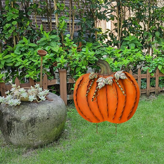 Morning View Pumpkin Garden Stakes Metal Yard Sign Fall Decor Outdoor Autumn Yard Stake Art Pumpkin Lawn Ornaments for Patio Porch Thanksgiving Halloween Harvest 26 Inches Tall Set of 2