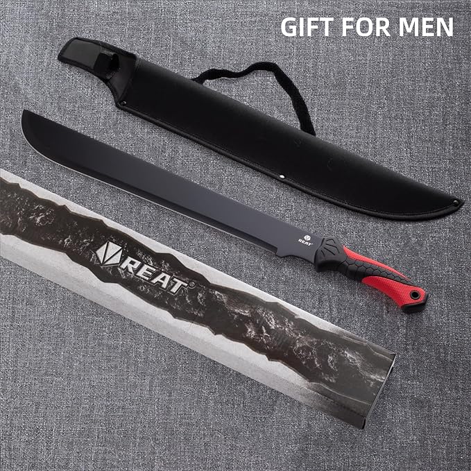 REAT Gardening Heavy Duty Machete,24" Full Tang Machete with Shaeth,Ergonomic No-Slip Handle,Machetes for Bushcraft, Outdoor Hunting, Garden Cutting Trees and Yard Work (Red)