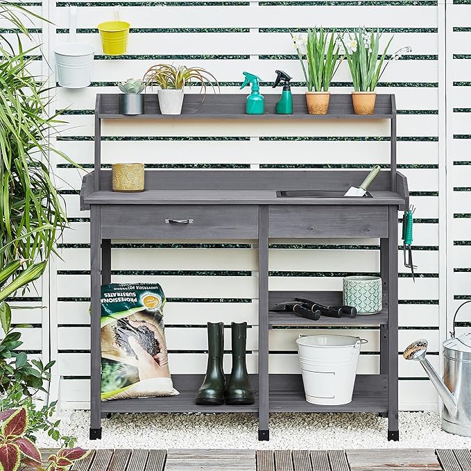Yaheetech Outdoor Potting Bench Table Potters Benches Garden Workstation for Horticulture with Drawer/Adjustable Shelf Rack/Removable Sink/Hooks/Pads, Gray