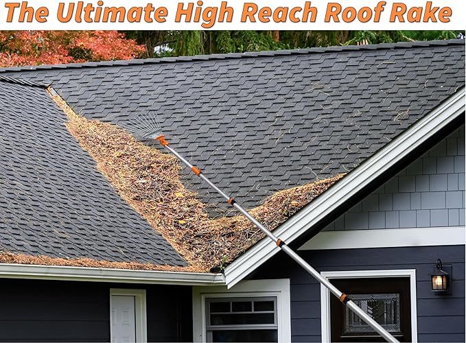 5-30 Telescoping Roof Rake 36 ft Reach // Collapsible Roof Rake for Leaves and Pine with Extension Pole // Roof Cleaning Tool for Gardening and Lawns // High Reach Adjustable Metal Leaf Raker