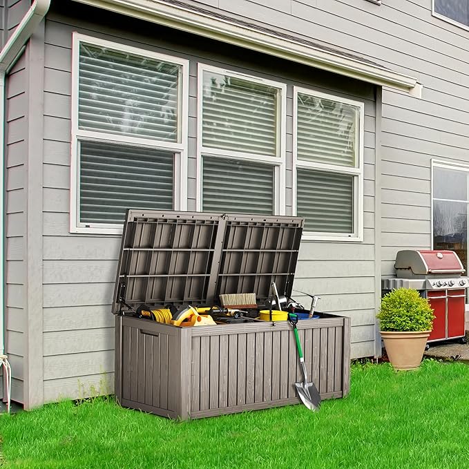 180 Gallon Waterproof Large Resin Deck Box Indoor/Outdoor Lockable Storage Container and Seating for Garden, Pool, and Patio (180 Gallon, Grey)