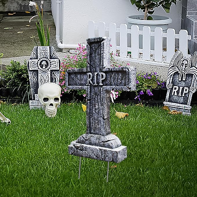 EBaokuup 12PCS Halloween Tombstone Stakes, 6.6"X3" Tombstone Metal Stakes, T-Shaped Ground Stakes for Halloween Outdoor Yard Lawn Foam Graveyard Decorations Decorations