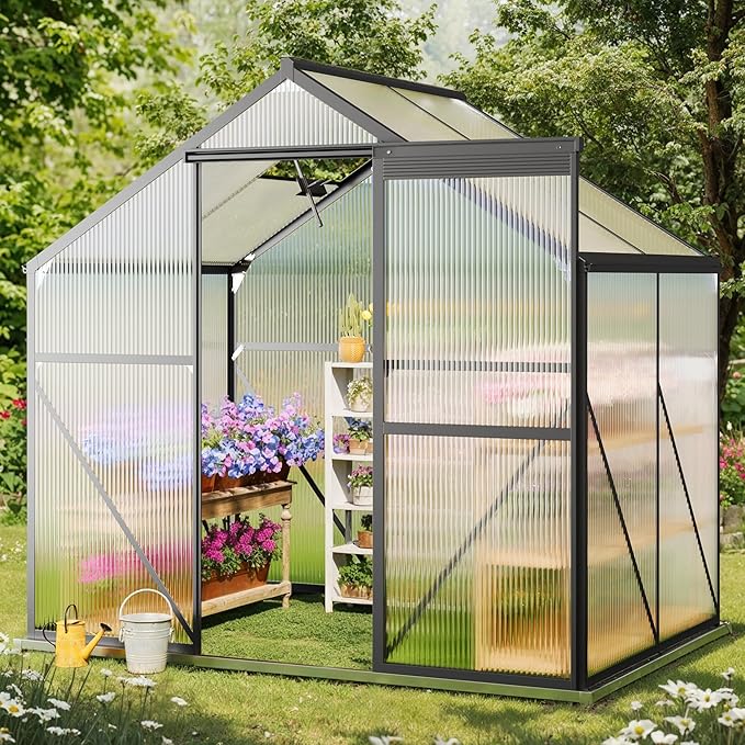 Gizoon 6x4 FT Outdoor Greenhouse, Quick Setup Polycarbonate Greenhouse with Adjustable Roof Vent and Sliding Door, Aluminum Walk-in Greenhouses for Outside Backyard Gardening (Black, 6X4FT)