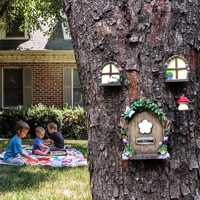 Fairy Door and Windows Garden Kit Accessories Outdoor, Glow in Dark Gnome House for Tree, Lawn Yard Art Sculpture, Miniature Garden Decor (Butterfly)
