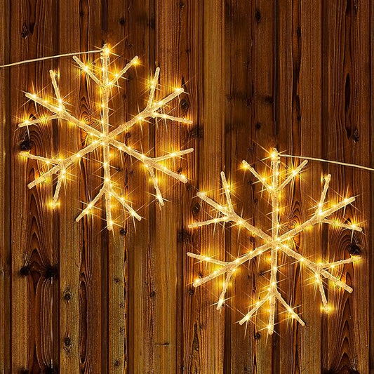 Fudios Snowflake Lights Warm White Battery Operated with Timer 70 LED 14in for Christmas Wall Window Decoration 2sets