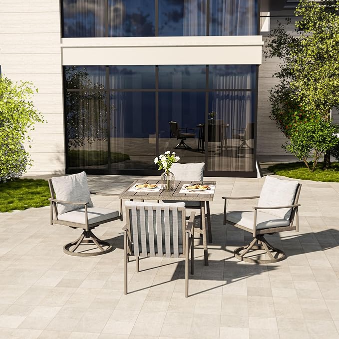 HAPPATIO 5-Piece Outdoor Dining Set for 4, Aluminum Patio Dining Set Includes 1 Large Square Table with Umbrella Hole, 2 Swivel Dining Chairs, and 2 Dining Chairs, for Lawn, Porch, Backyard (Grey)