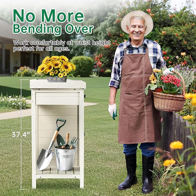 Outdoor Potting Bench with Storage Cabinet & Metal Tabletop, Garden Work Table, Wood Planting Workstation for Patio, w/Drawer