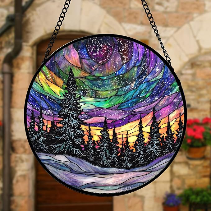 Stained Glass Window Hanging, Van Gogh Night Scene Sun Catchers Colorful Glass Panel Starry Sky Suncatcher Decor for Birthday for Women, Men, Wife, Aunt, and Mom 6.3 in