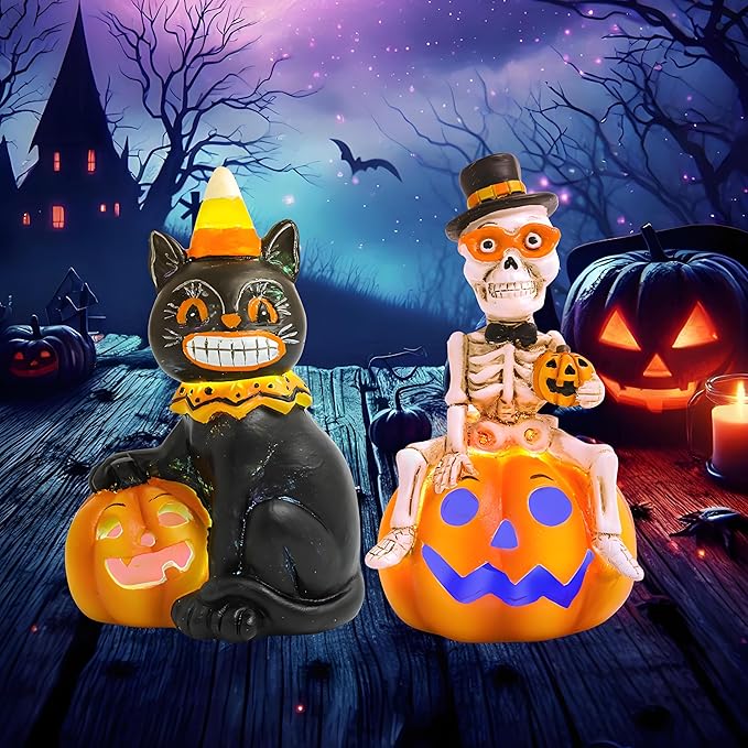 Vintage Halloween Decorations Indoor - 2-Pack 4.7'' Resin Skeleton Gentleman & Black Cat Figurine with Flickering Pumpkin Lights - Halloween Table Decor Ornaments Gifts (Jack-O’-Lantern)