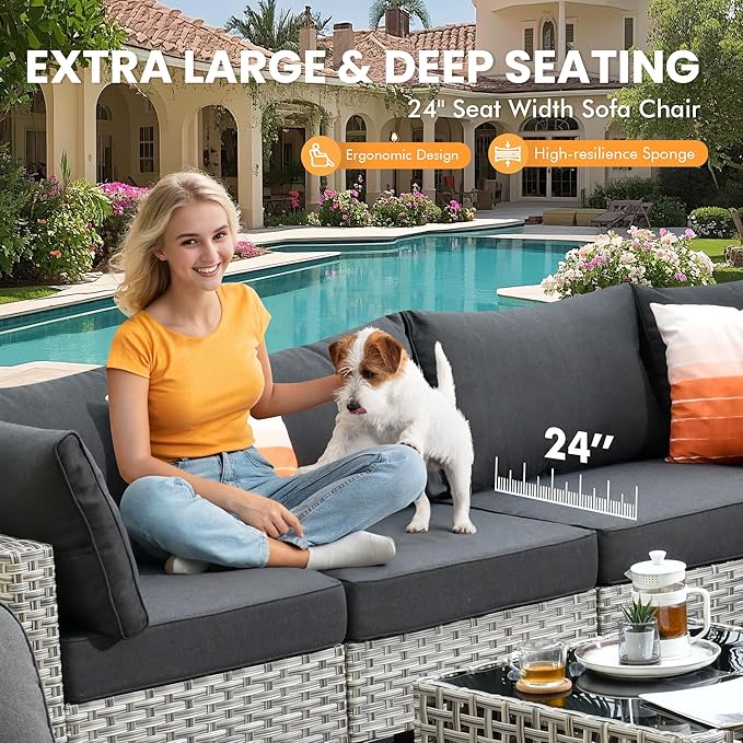 Outdoor Sectional Patio Furniture Set with Glowing Table,7 Pieces Wicker Conversation Sets L Shaped Couch Out Door Sofa Set Outside Furniture for Garden Deck Yard Porch,Black