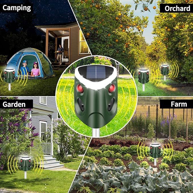 Solar Ultrasonic Animal Repeller, 360° Cat Repellent Outdoor Deer Deterrent Device with 3-Side Motion Activated Flashing Lights,Solar Powered Dog Repellent for Cat Dogs Bird Skunk Rabbit Squirrels