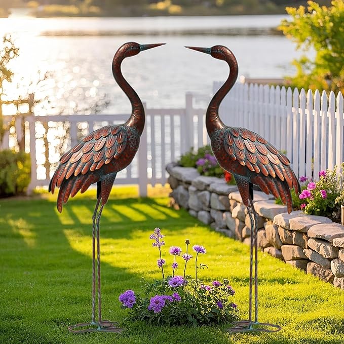 chisheen 2PCS Garden Crane Statues Outdoor Sculptures Metal Yard Art Statue for Garden Decoration Large Size Set of 2