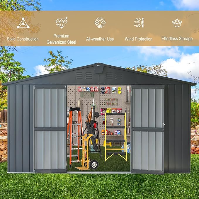 Domi Outdoor Storage Shed 11’ x 9’, Metal Sheds with Galvanized Steel Frame & Windows & Lockable Door, Garden Shed Tool Storage Room for Patio(Dark Gray)
