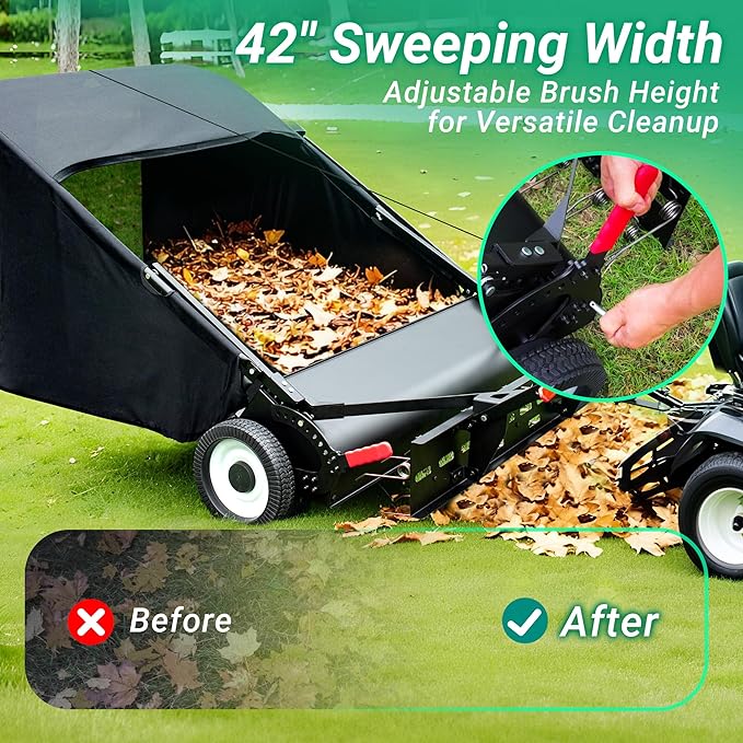 Suchtale 42" Tow Behind Lawn Sweeper with Dethatcher – 21 Cu. Ft. Leaf Collector with Adjustable Sweeping Height, Large Hamper Windscreen for Lawn, Yard, & Artificial Grass, Tractor/Mower Attachments