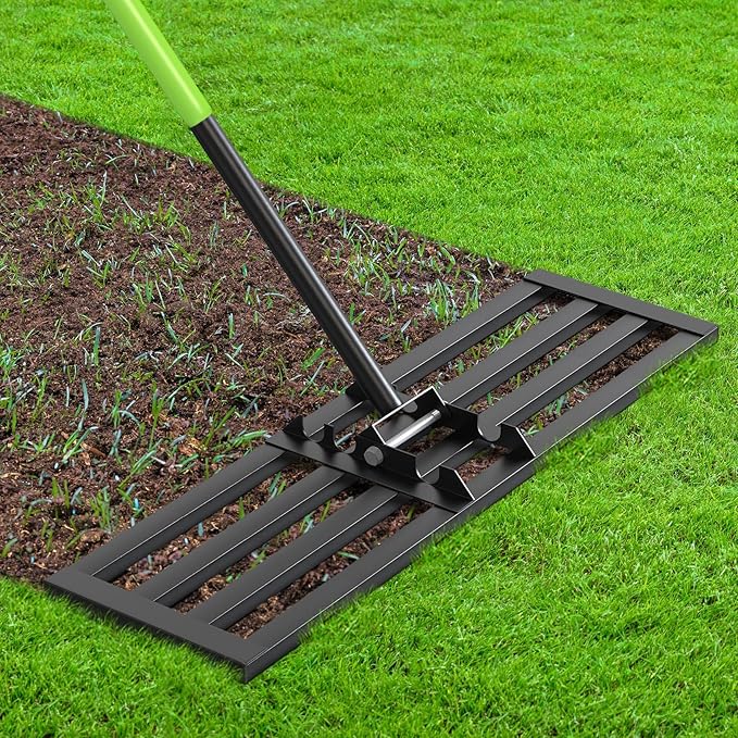 Seeutek Lawn Leveling Rake, 35” x 10” Lawn Leveler with 6.5FT Durable Handle Rakes for Lawns, 0-180° Adjustable Ground Leveler Tool for Yard, Level Soil Sand Dirt Surfaces