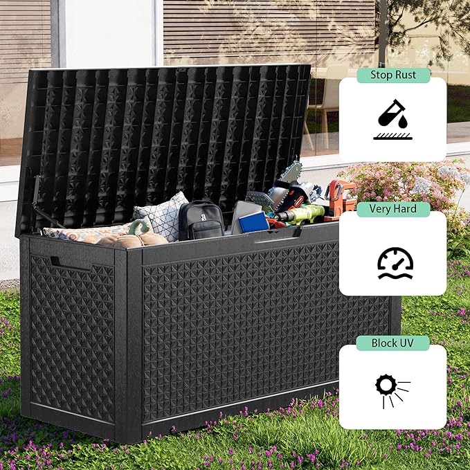 New 100 Gallon Outdoor Storage Box – Resin Deck Box with Lockable Lid, Waterproof Patio Furniture Storage for Tools, Garden & Yard Organization