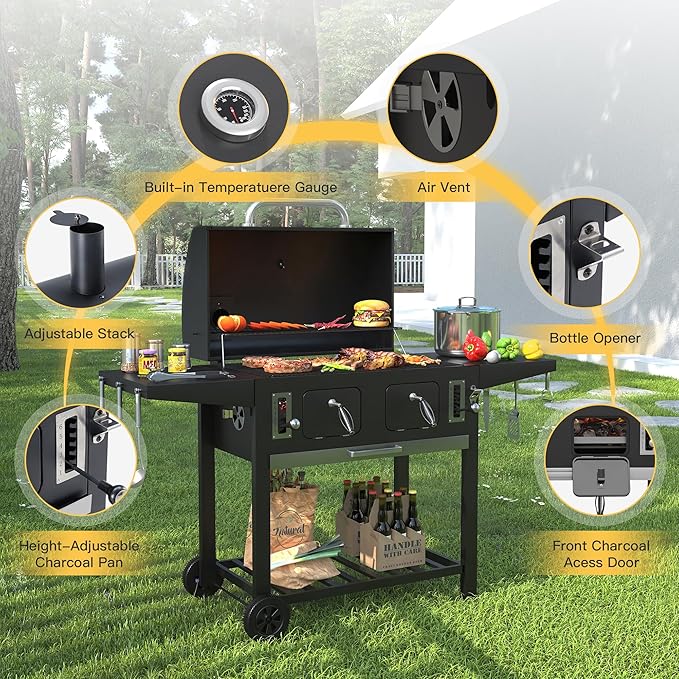 DIFY Extra Large Charcoal Grill with 589 Sq. In. Cooking Area and Foldable Side Table, Outdoor Barbecue Grill with a Liftable Charcoal Tray for Outdoor Picnic and Camping Grilling, Black