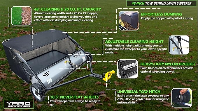 48-Inch Tow-Behind Lawn Sweeper, 10" Nylon Brushes, Universal Tractor/ATV Hitch, Never-Flat Wheels, Adjustable Height, 1-Year Warranty, Ideal for Leaves, Grass & Debris