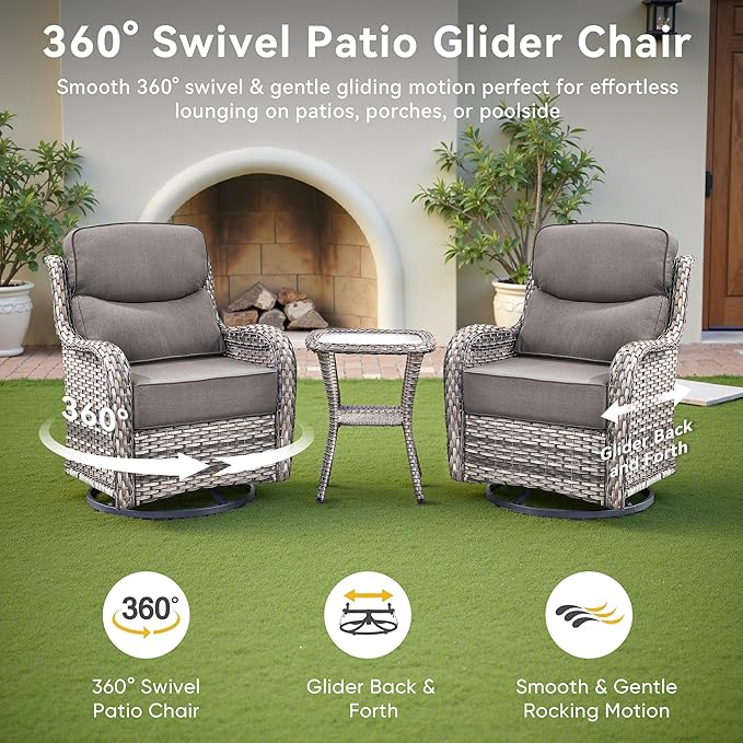 Luxury High Back Outdoor Swivel Rocker Patio Chairs with Side Table & 6-Inch Thick Cushions, 3 Pieces Patio Furniture Set for Porch, Balcony, Deck and Yard