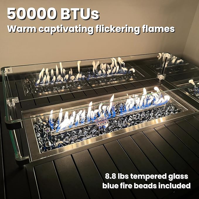 Rectangle Propane Fire Pit Table: 43'' Patio Gas Fire Table 50000 BTU - Rustproof Aluminum Tabletop Firepit Wind Guard Glass Beads - Outdoor Heating for Dining Party Garden Deck - Dark Gray