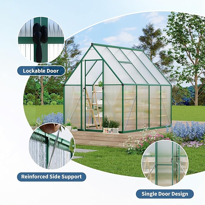 6'X7' Aluminum-Framed Polycarbonate Greenhouse, Heavy Duty Polycarbonate Greenhouse with Quick Setup Structure and Roof Vent, Large Enhanced Aluminum Greenhouses Kit for Outdoors