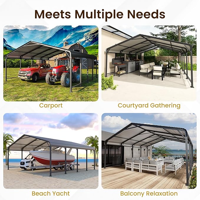 20x20 FT Metal Carport for 2 Cars, Heavy Duty Canopy Carport with Updated Roof & Enhanced Base, Garage Vertaile for RV Car, Truck, Boat, Tractors, Party, Grey