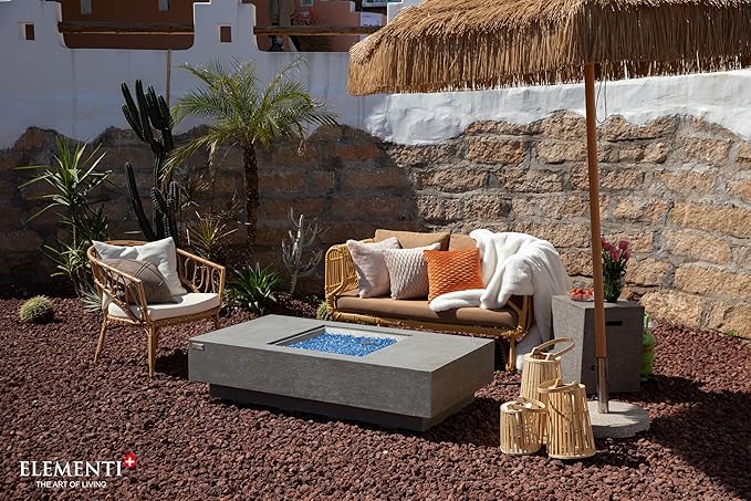 Elementi+ | Bundle Monte Carlo Gas Fire Pit Cast Concrete 60" Rectangular Fire Table | Electronic Ignition | Canvas Cover, Fire Glass and Burner Lid Included | Light Gray | Natural Gas