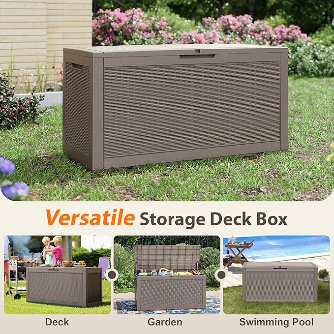 100 Gallon Resin Deck Storage Boxes Outdoor Waterproof, Lockable Outdoor Storage Container for Patio Cushions, Garden Tools, Pool Accessories,Grey
