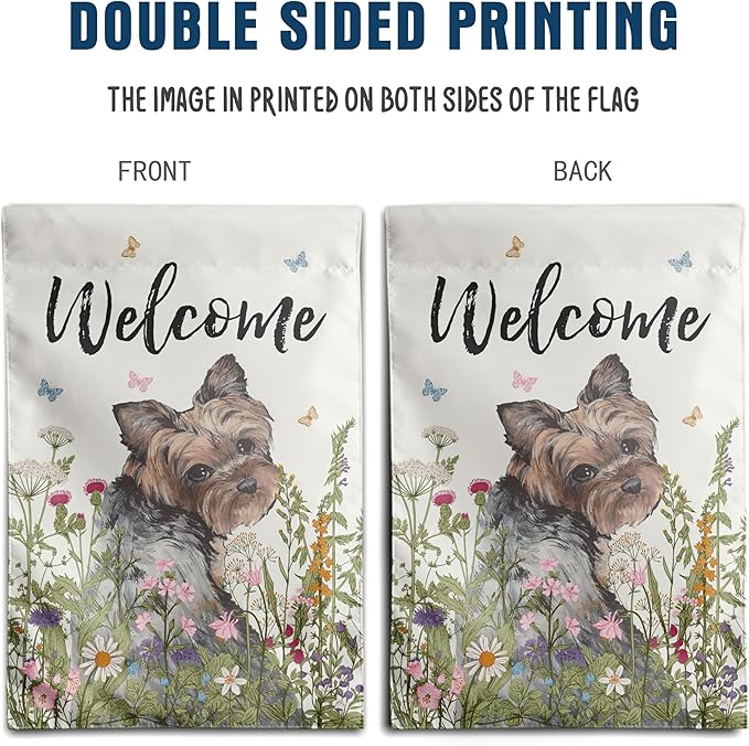 Floral Yorkie Garden Flag Spring Summer Yard Flag Flower Yorkshire Terrier Dog Garden Flags for Outside Small Outdoor Welcome Flags 12x18 Double Sided