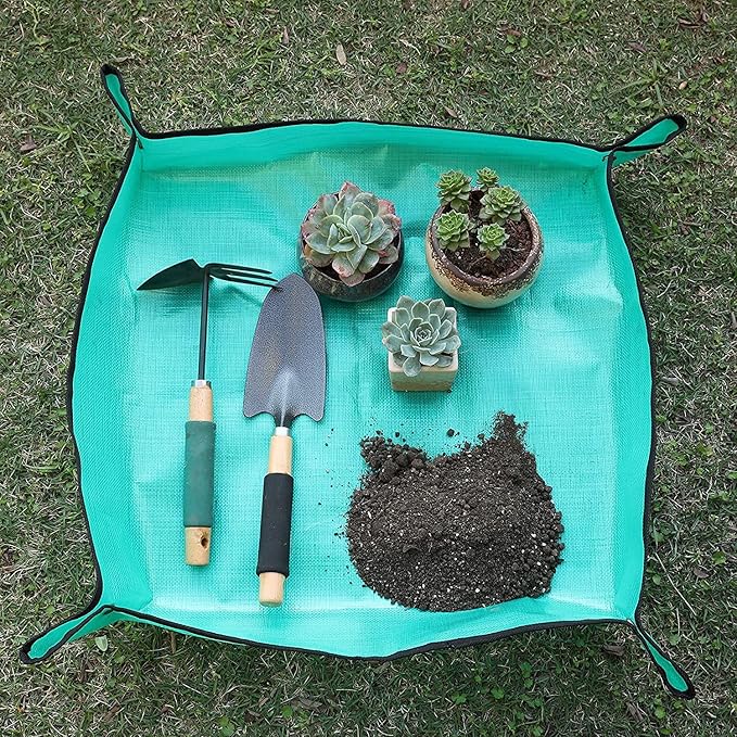 PE Houseplants Repotting Mat, Waterproof Indoor Plant Potting Tray, Foldable Bonsai Repotting Pad, Garden Soil Mess Workspace Tarp for Succulent, Cactus, Aloe Vers, Pothos, 26.8 x 26.8