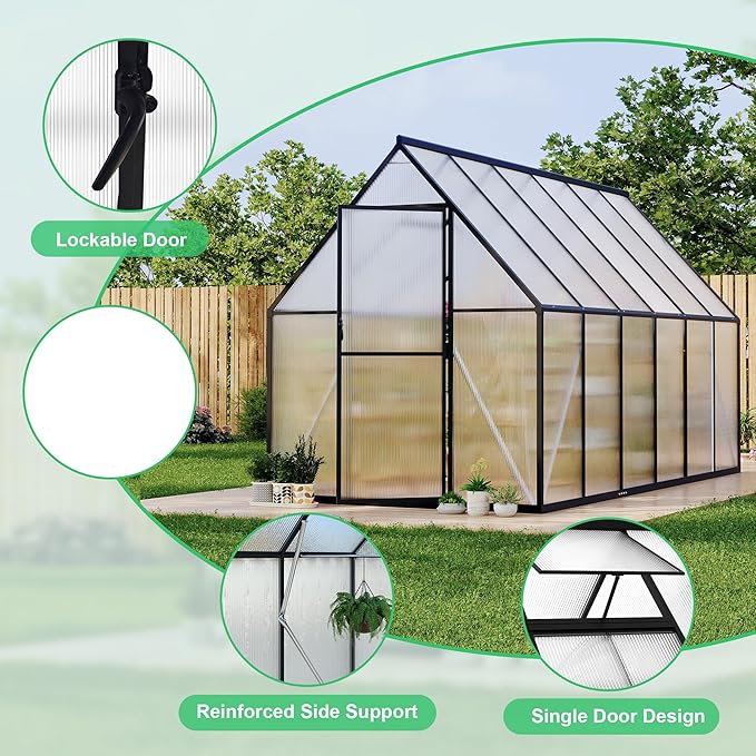 Aluminum Polycarbonate Greenhouse for Outdoors, Large Walk-InGreenhouse With Quick Setup Structure and Roof Vent, Greenhouse With Ventilation