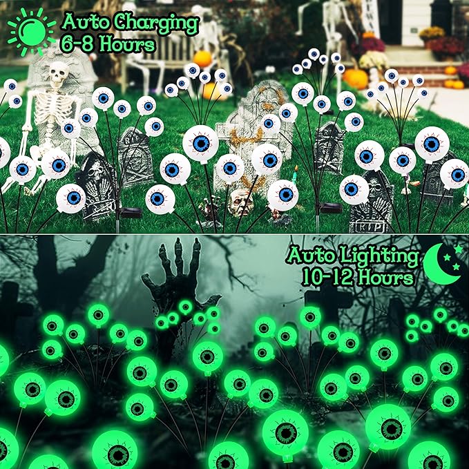 Halloween Decorations Outdoor, 8 Pack 48 LED Solar Scary Eyeball Swaying Lights, Green Solar Firefly Light Waterproof Outdoor Garden Lights for Halloween Yard Garden Lawn Party Flower Bed