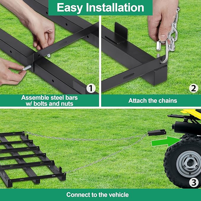 4 FT Drag Harrow Driveway Grader, Heavy Duty Power Rake, Driveway Drag for Gravel w/ 4 FT Chain, Tow Behind Lawn Rake for ATV, UTV, Tractor, Mower, Land Leveler for Gravel, Sand, Soil, Hay