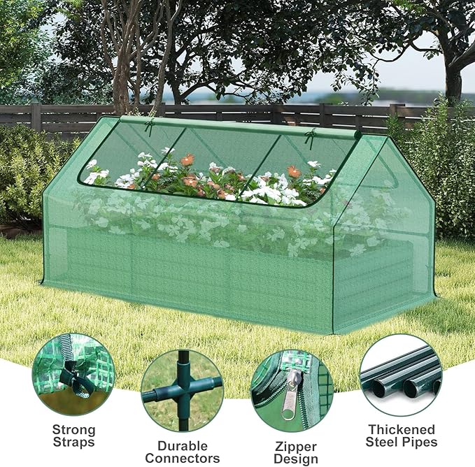 Aoodor 6 x 3 x 3 ft Raised Garden Bed with Mini Greenhouse Kit, Metal Planter Box with 2 Roll-Up Zipper Doors for Vegetables, Herbs, and Flowers