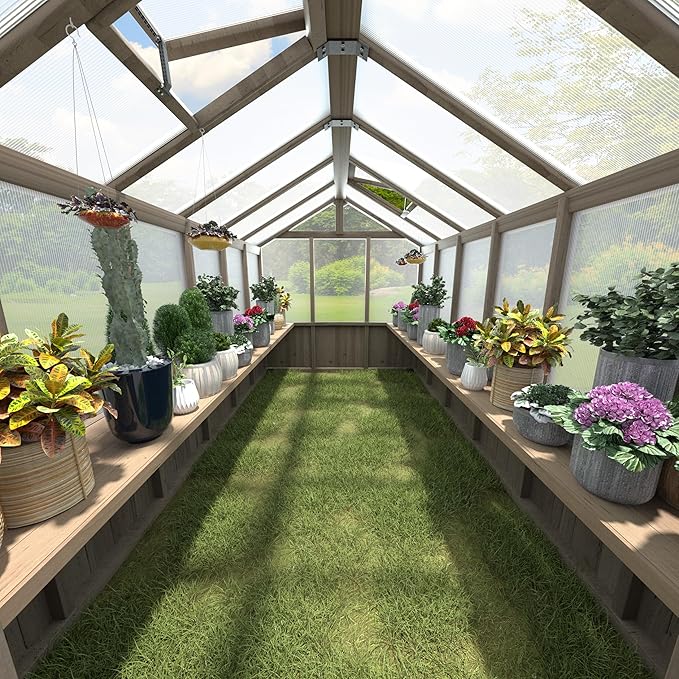 Shelf Suitable for 6x12FT Wood Greenhouse, 137" Wooden Storage Shelf Kit Fit Multiple Greenhouse , Horticulture Workstation, Work Bench System Shelving, Light Mocha Brown, 2 Pack