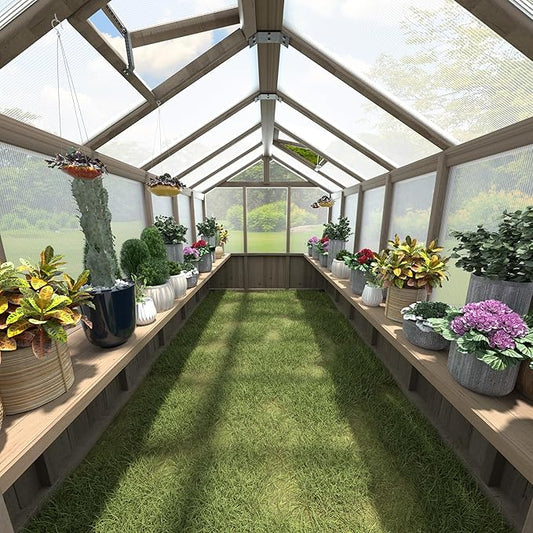 Shelf Suitable for 6x12FT Wood Greenhouse, 137" Wooden Storage Shelf Kit Fit Multiple Greenhouse , Horticulture Workstation, Work Bench System Shelving, Light Mocha Brown, 2 Pack