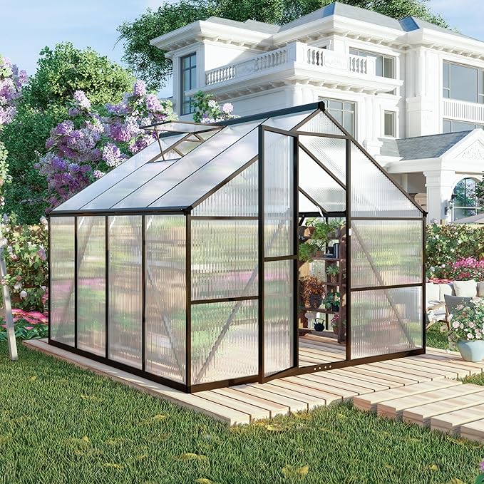 8x8 FT Greenhouses for Outdoors, Polycarbonate Greenhouse with PC Panels, Greenhouses for Outdoors for Yard, Garden, Hobby, Dark Grey