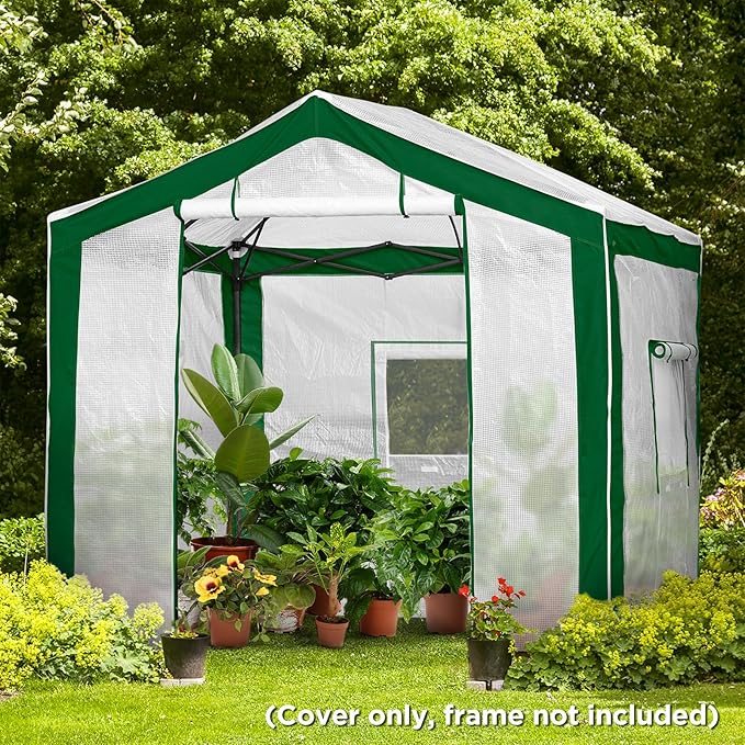 EAGLE PEAK Replacement Cover for 8x6 Portable Pop up Greenhouse with Polyester Reinforced Corners, Front Roll-Up Zipper Entry Door and 3 Large Roll-Up Side Windows (Frame Not Included), Green/White