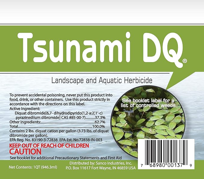 Tsunami DQ Aquatic Herbicide- Quart - 37.3 Percent Diquat Dibromide – Concentrated Aquatic Weed Killer for Lakes and Ponds - Duckweed, Watermeal, Curly Leaf, Pondweed & Many More