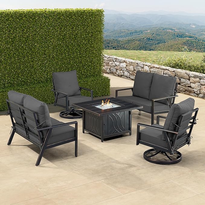 Oakland Living Black Aluminum Patio Fire Table Set with Two Deep Seating Loveseat with Cushions and Two Club Chairs with Black Cushions