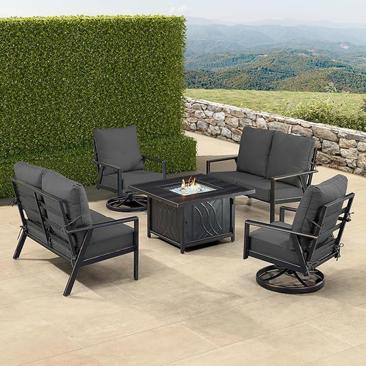 Oakland Living Black Aluminum Patio Fire Table Set with Two Deep Seating Loveseat with Cushions and Two Club Chairs with Black Cushions