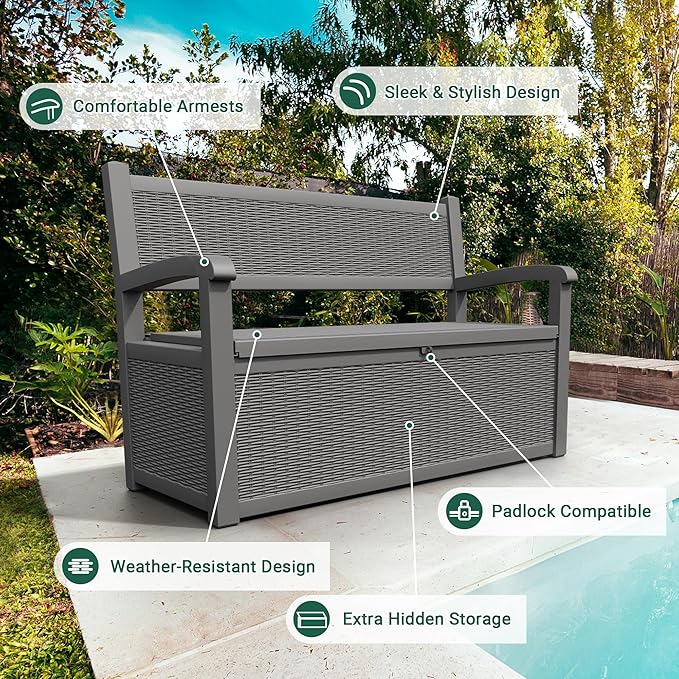 80 Gallon Outdoor Storage Box, Resin Patio Furniture with Armrest, Lockable Deck Box with Waterproof and UV Resistant for Patio Cushions, Garden Tools and Pool Supplies, Grey