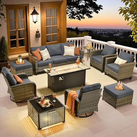 ovios 10 Pieces Patio Furniture Set, Outdoor Wicker Sofa Couch with Rocking Swivel Chairs Solar Lights Table Fire Pit, Modern Deep Seat Rattan Conversation Sets, Denim Blue